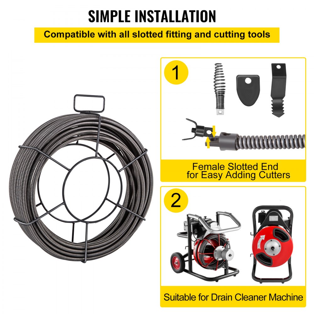 Bostome 100ft x 1/2in solid core drain cleaning cable made of durable 65MN steel.