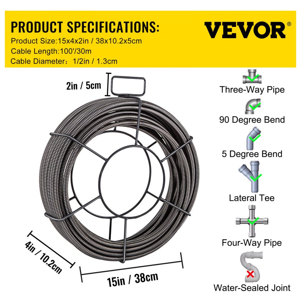Bostome 100ft x 1/2in solid core drain cleaning cable made of durable 65MN steel.