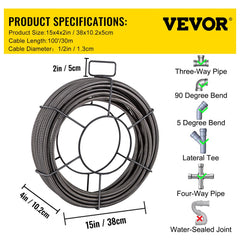 Bostome 100ft x 1/2in solid core drain cleaning cable made of durable 65MN steel.