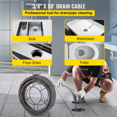 A coiled 50ft x 3/8in solid core drain cleaning cable with cutters and gloves for clearing clogs in sinks, basins, floor drains, and toilets.