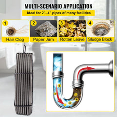 Coiled 50ft steel drain cleaning cable with four cutter heads for 2-4 inch pipes.