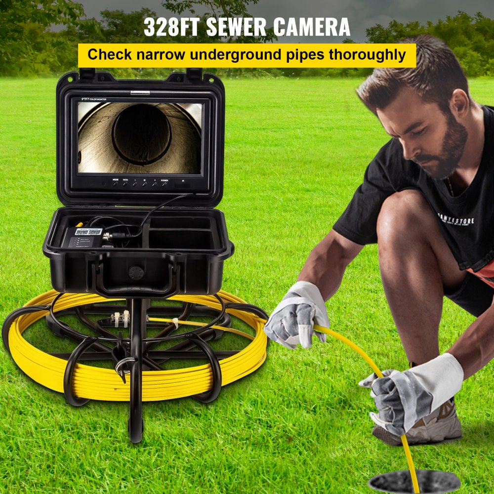 Bostome 328ft sewer camera with 9-inch LCD monitor and waterproof stainless steel design.