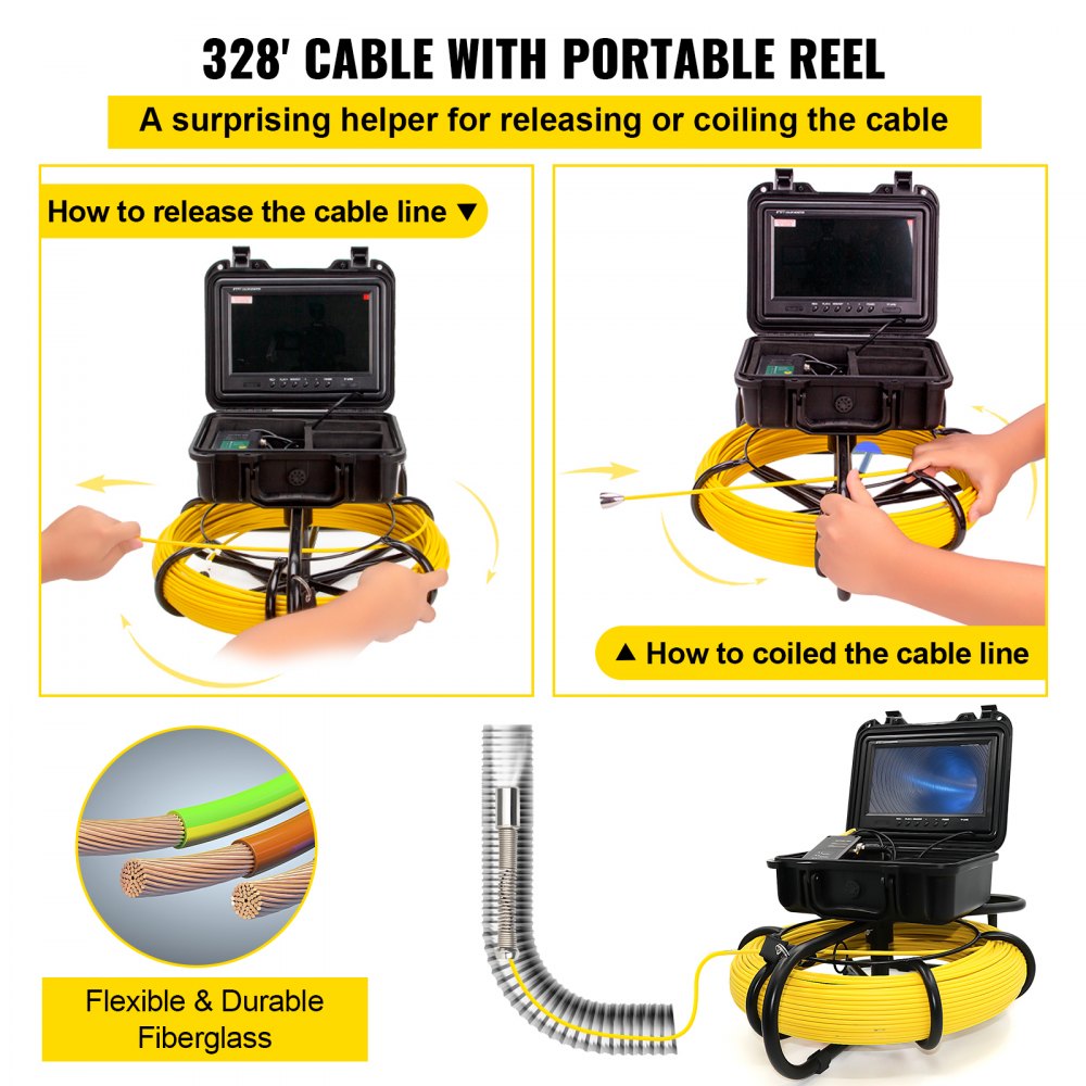 Bostome 328ft sewer camera with 9-inch LCD monitor and waterproof stainless steel camera.