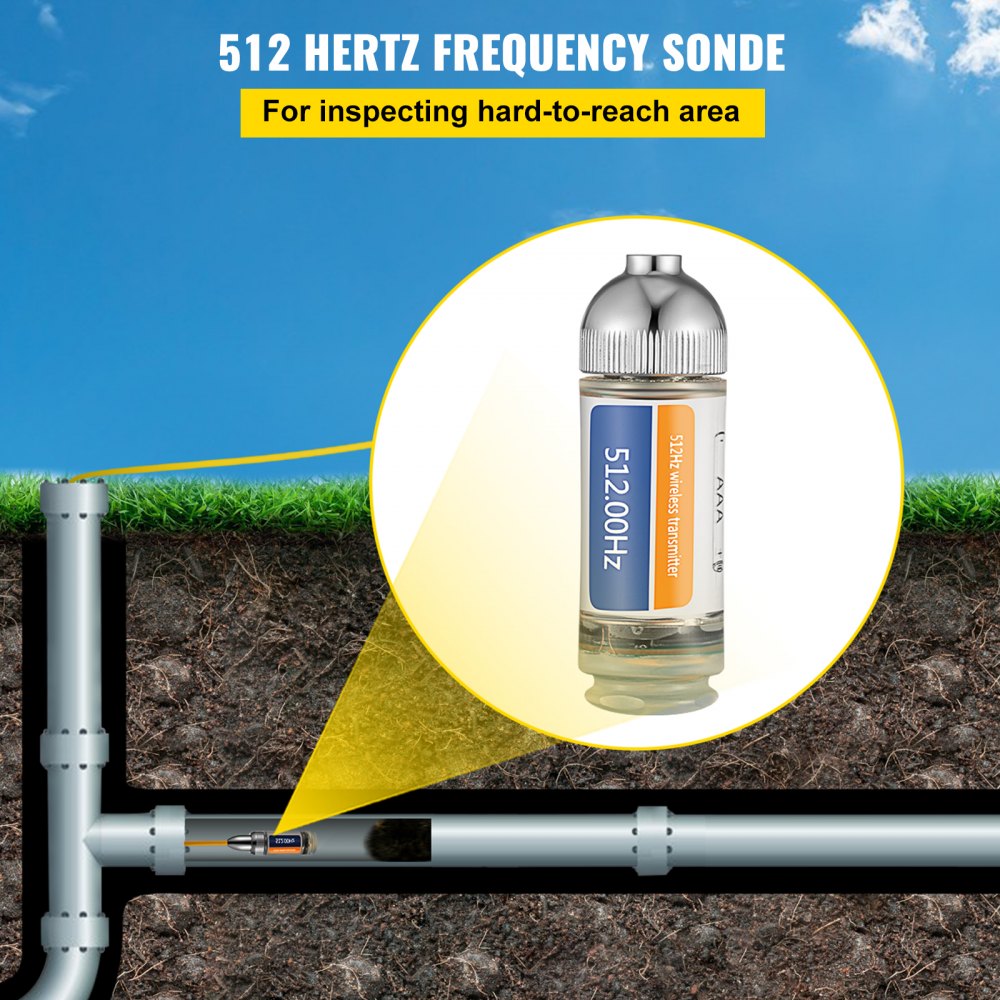 Compact silver 512Hz sonde locator with orange and blue bands and adapters for inspecting hard-to-reach pipes.