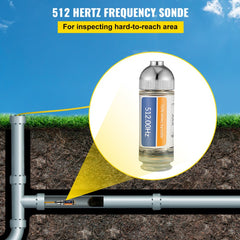 Compact silver 512Hz sonde locator with orange and blue bands and adapters for inspecting hard-to-reach pipes.