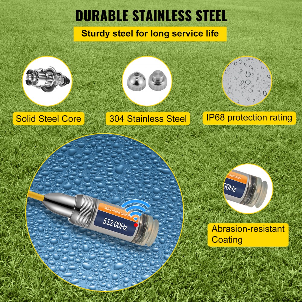 512Hz sonde locator with stainless steel connectors for pipes on green background.