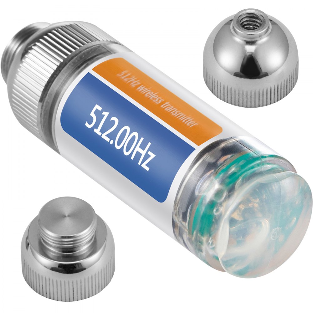 512Hz sonde locator with orange and blue label, stainless steel connectors, and translucent body.