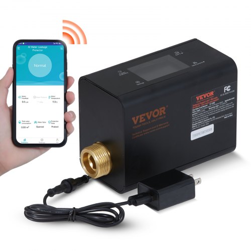 Black Bostome smart water leak detector with digital screen, phone app, and power adapter connected