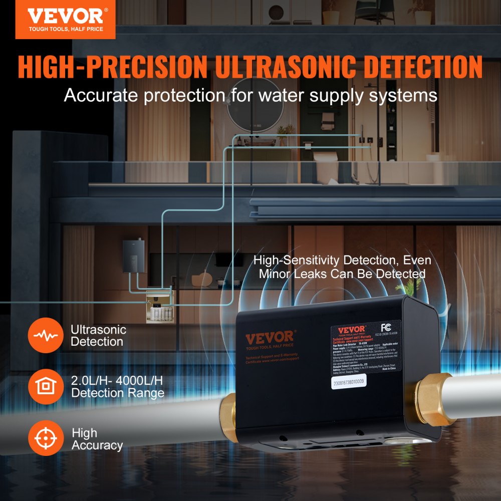 Bostome smart water leak detector with auto shutoff and ultrasonic flow detection from 2 to 4000 L/H.