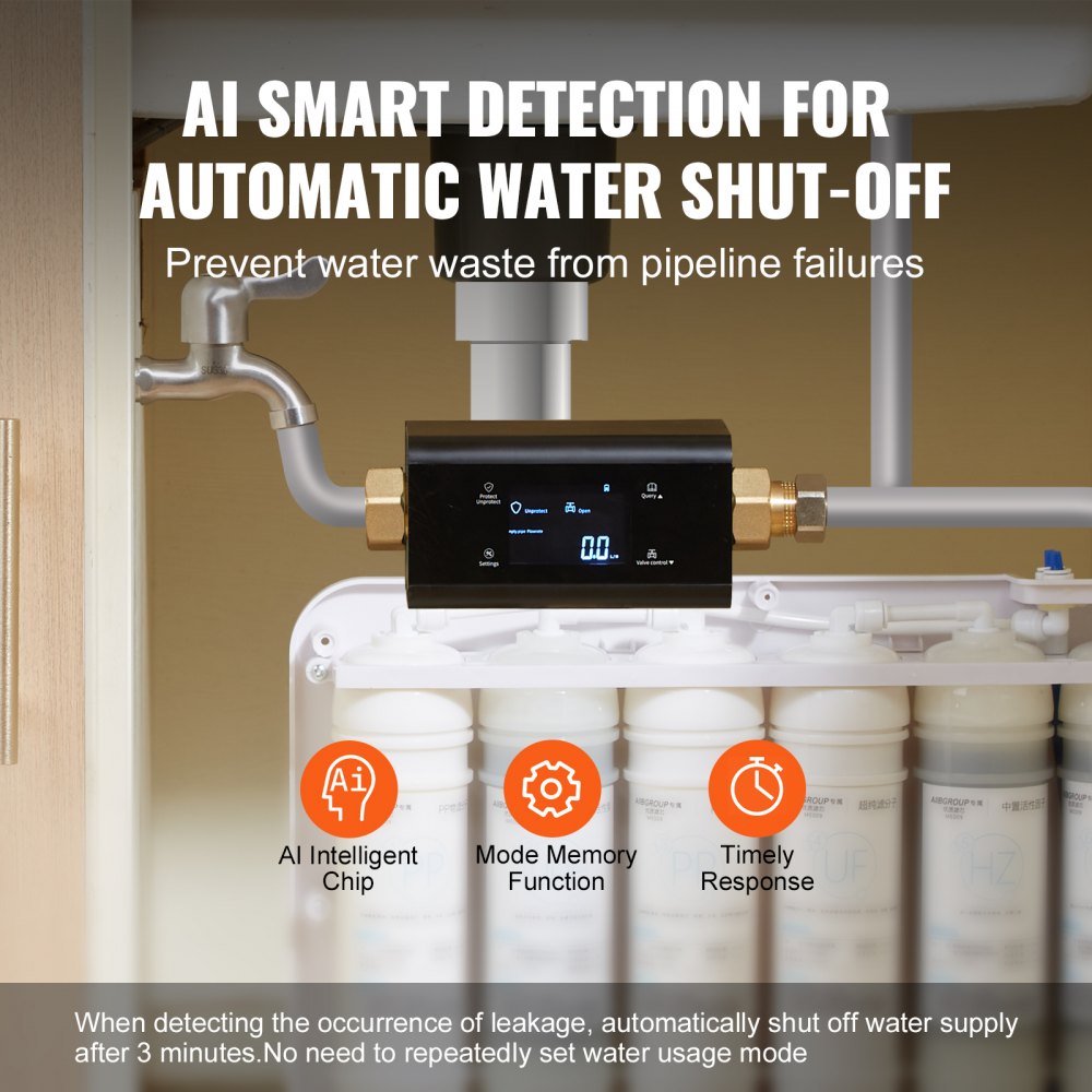 Smart water leak detector with AI chip, mode memory, timely response, and auto shutoff display on pipe.