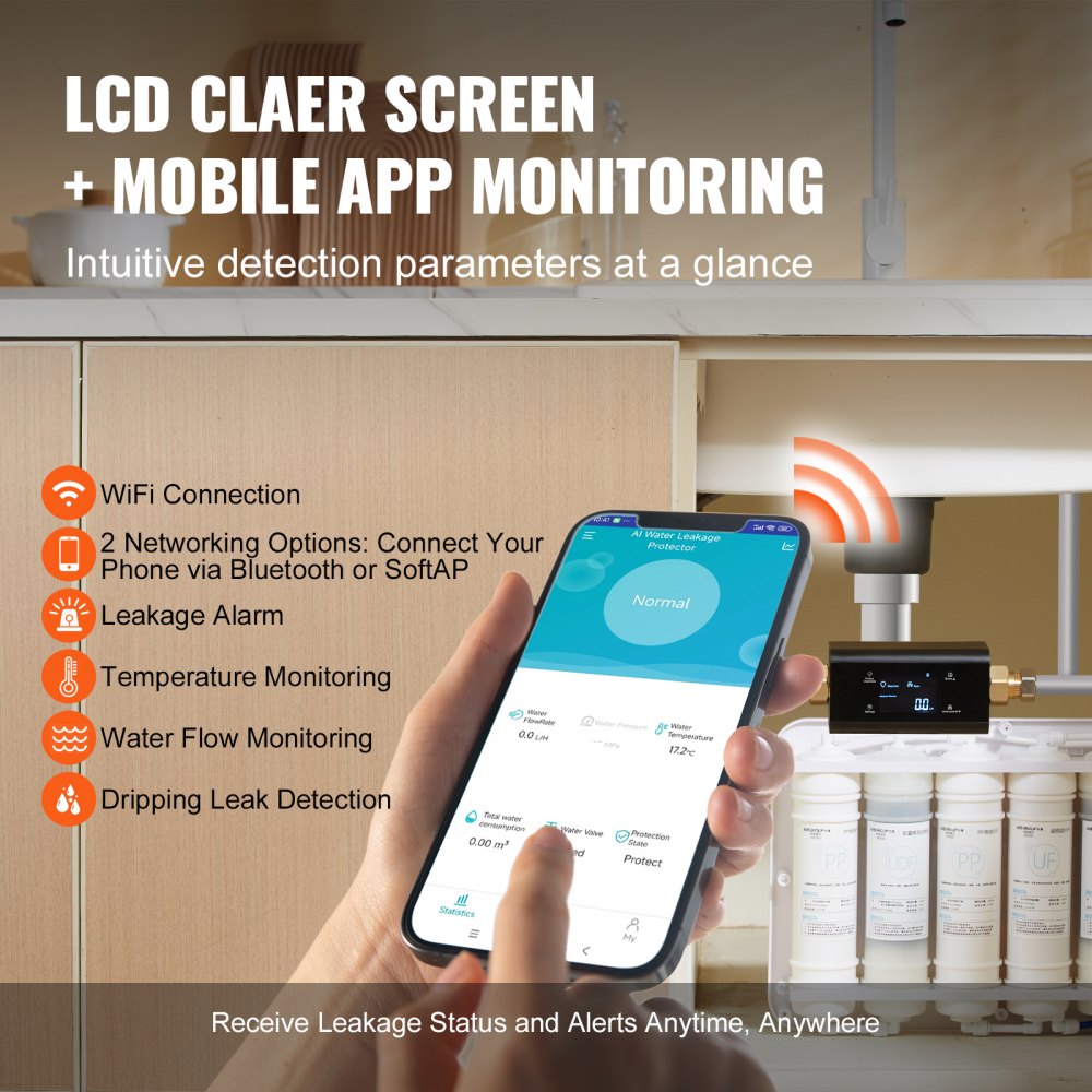 Smart water leak detector with LCD screen, app monitoring, WiFi, and auto shutoff.