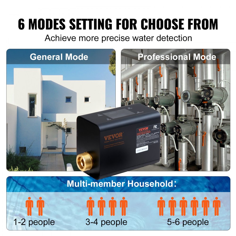 Bostome Smart Water Leak Detector with 6 modes for 1-6 people, showing general and professional settings.