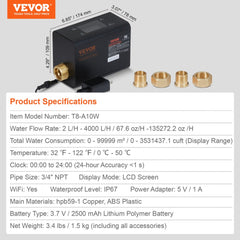 Bostome Smart Water Leak Detector with LCD display, brass fittings, and power adapter.