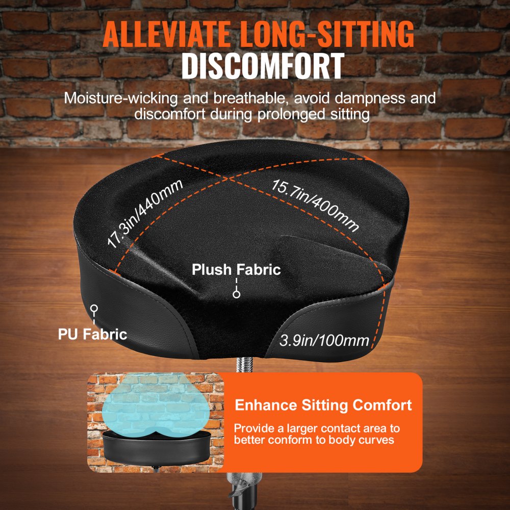 Saddle Drum Throne, 22-27.8 in / 560-705 mm Height Adjustable, Padded Drum Stool Seat with Anti-Slip Feet 5A Drumsticks 500 lbs / 227 kg Max Weight Capacity, 360° Swivel Drum Chair for Drummers