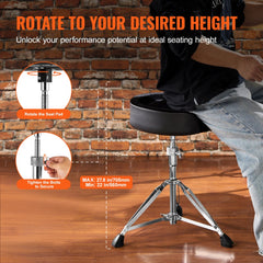 Saddle Drum Throne, 22-27.8 in / 560-705 mm Height Adjustable, Padded Drum Stool Seat with Anti-Slip Feet 5A Drumsticks 500 lbs / 227 kg Max Weight Capacity, 360° Swivel Drum Chair for Drummers