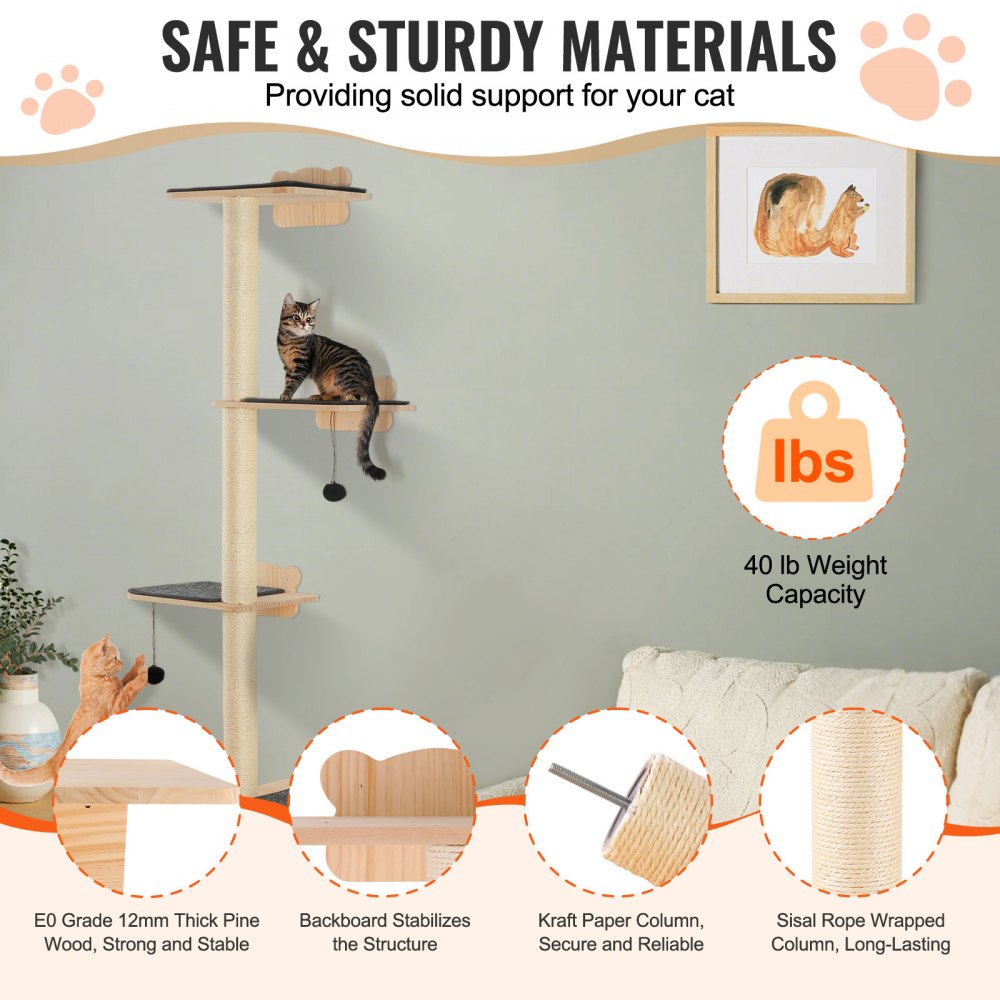 Wall Mounted Cat Shelves Tree with Platform Tree-Shaped Cat Furniture