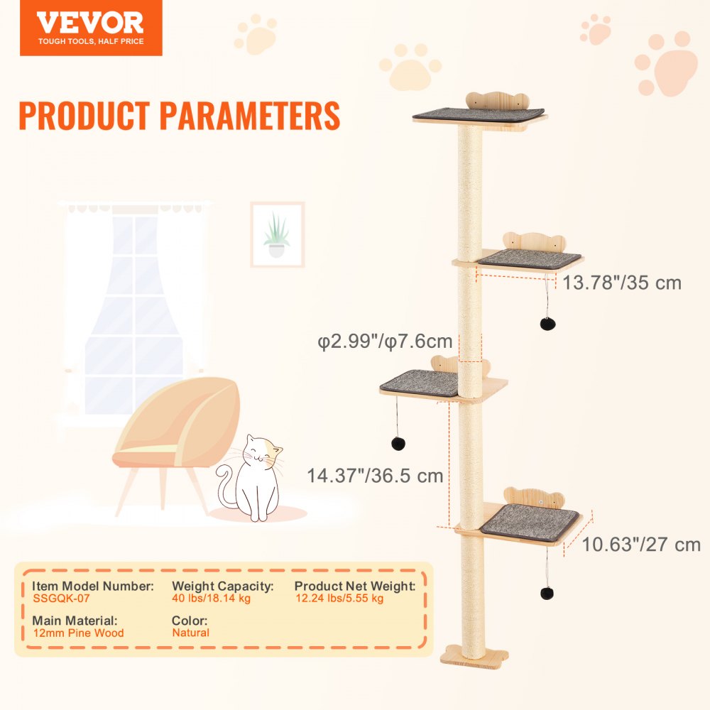 Wall Mounted Cat Shelves Tree with Platform Tree-Shaped Cat Furniture