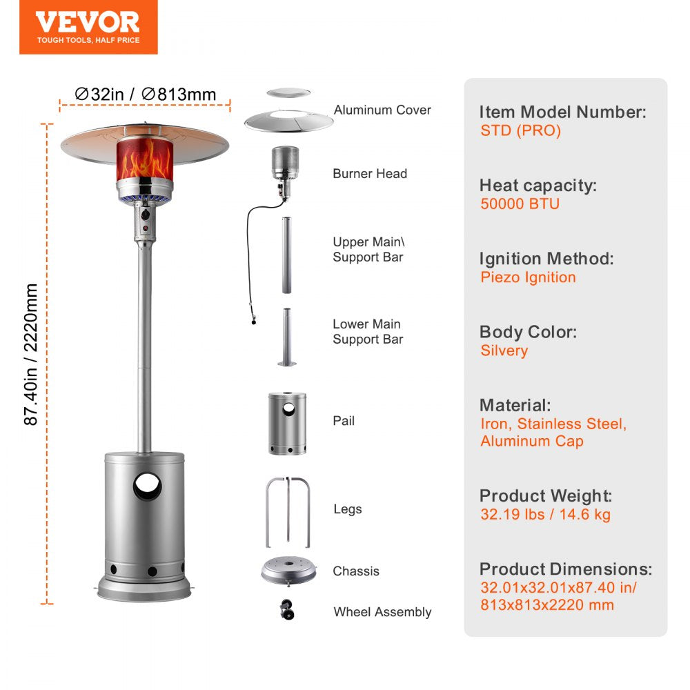 Propane Patio Heater 50000BTU Tall Hammered w/Round Table Outdoor Silver
