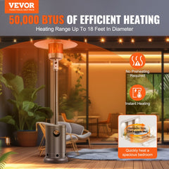 Tall bronze propane patio heater with an integrated table and safety features.