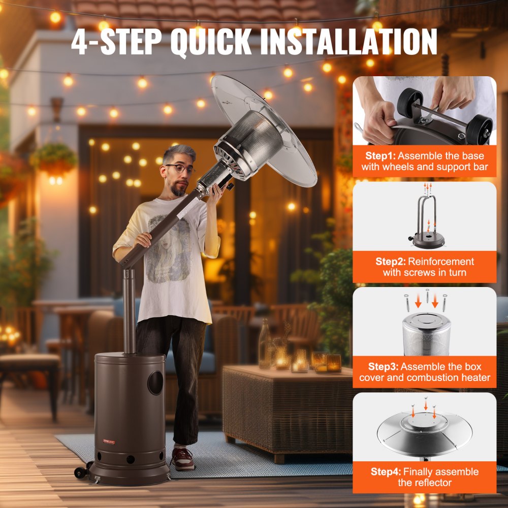 Tall bronze propane patio heater with integrated table and safety features.