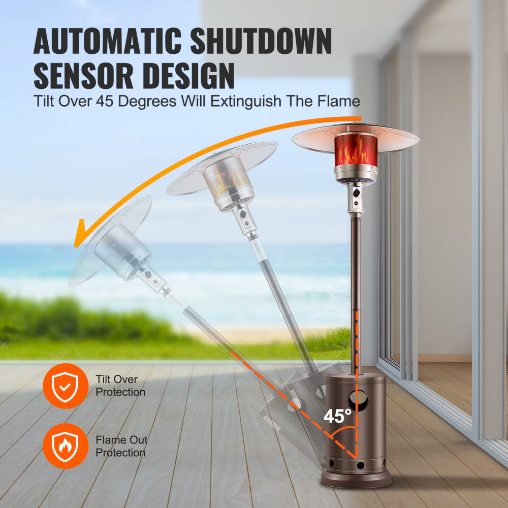 Bronze Bostome 50000 BTU propane patio heater with a tall design and integrated table.