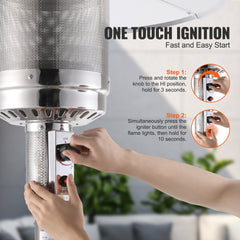Tall bronze propane patio heater with integrated table and safety features.