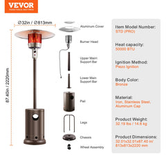 Bronze propane patio heater with a tall design and integrated table for outdoor warmth.