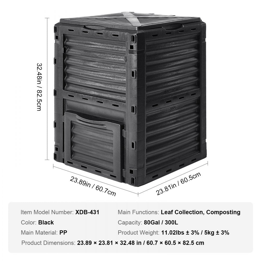 Garden Compost Bin 80 Gal, BPA Free Composter, Large Capacity Outdoor Composting Bin with Top Lid and Bottom Door, Easy Assembling, Lightweight, Fast Creation of Fertile Soil