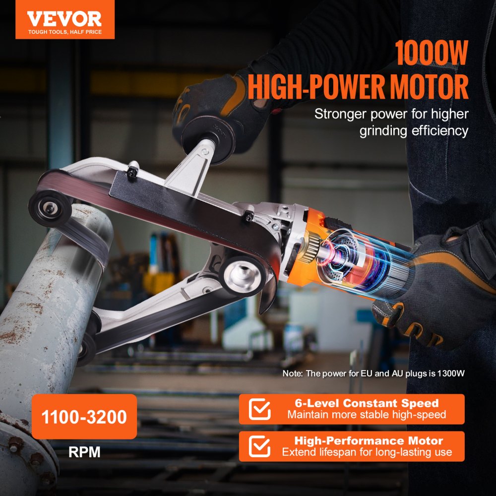 Pipe Tube Polisher Sander, 1000W Pipe Belt Sander with 6 Variable Speeds 1100-3200rpm, Professional Belt Sander Grinding Machine with 3PCS Sanding Belts for Burnishing Finishing Rust Removal