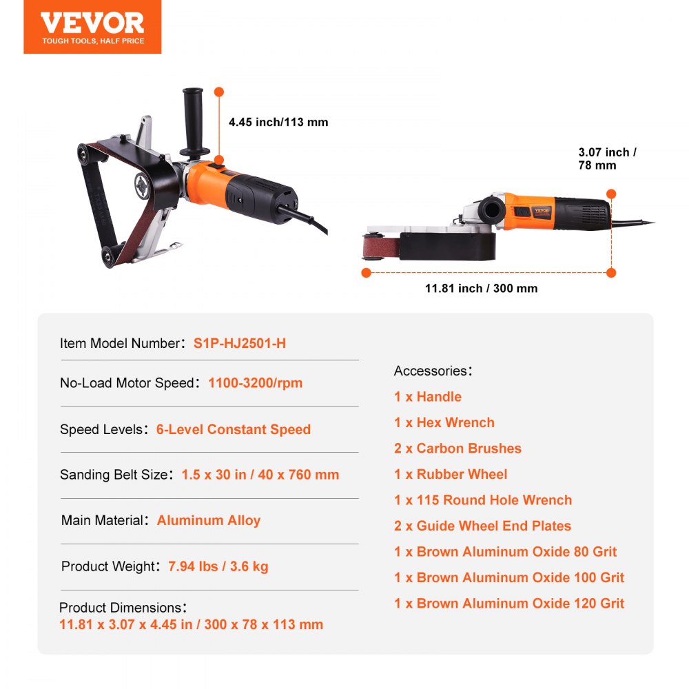 Pipe Tube Polisher Sander, 1000W Pipe Belt Sander with 6 Variable Speeds 1100-3200rpm, Professional Belt Sander Grinding Machine with 3PCS Sanding Belts for Burnishing Finishing Rust Removal