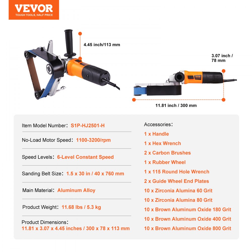 Pipe Tube Polisher Sander, 1000W Pipe Belt Sander with 6 Variable Speeds 1100-3200rpm, Professional Belt Sander Grinding Machine with 50PCS Sanding Belts for Burnishing Finishing Rust Removal