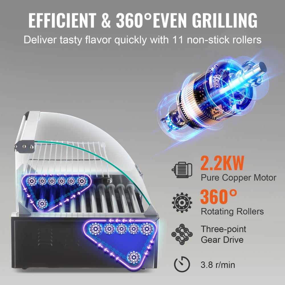 Hot Dog Roller, 11 Rollers 30 Hot Dogs Capacity, 1650W Stainless Sausage Grill Cooker Machine with Dual Temp Control Glass Hood Acrylic Cover Bun Warmer Shelf Removable Drip Tray, ETL Certified
