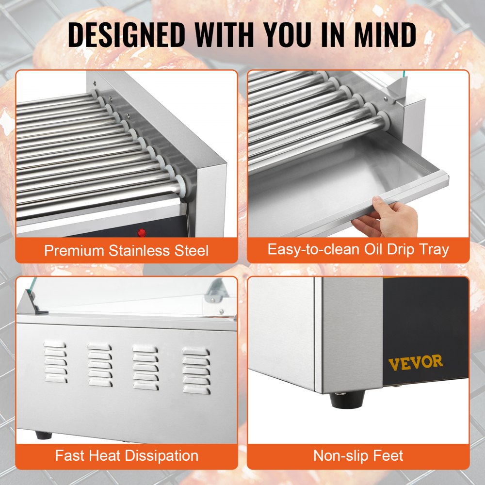 Hot Dog Roller, 11 Rollers 30 Hot Dogs Capacity, 1650W Stainless Sausage Grill Cooker Machine with Dual Temp Control Glass Hood Acrylic Cover Bun Warmer Shelf Removable Drip Tray, ETL Certified