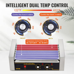 Hot Dog Roller 7 Rollers 18 Hot Dogs Capacity 1050W Stainless Sausage Grill Cooker Machine with Dual Temp Control Glass Hood Acrylic Cover Bun Warmer Shelf Removable Oil Drip Tray, ETL Certified