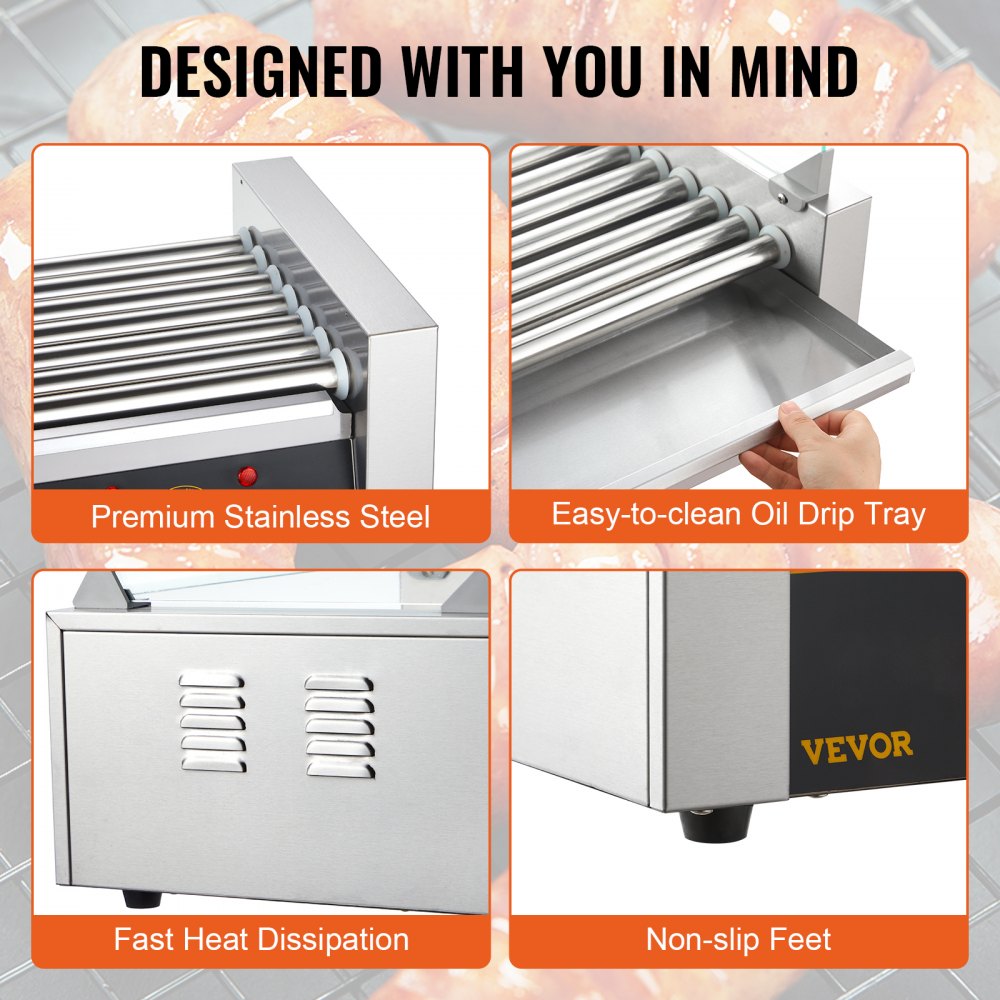 Hot Dog Roller 7 Rollers 18 Hot Dogs Capacity 1050W Stainless Sausage Grill Cooker Machine with Dual Temp Control Glass Hood Acrylic Cover Bun Warmer Shelf Removable Oil Drip Tray, ETL Certified
