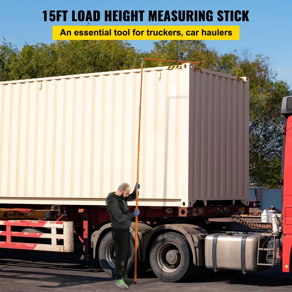 Bostome 15ft fiberglass load height measuring stick with high-visibility markings and a carrying bag.