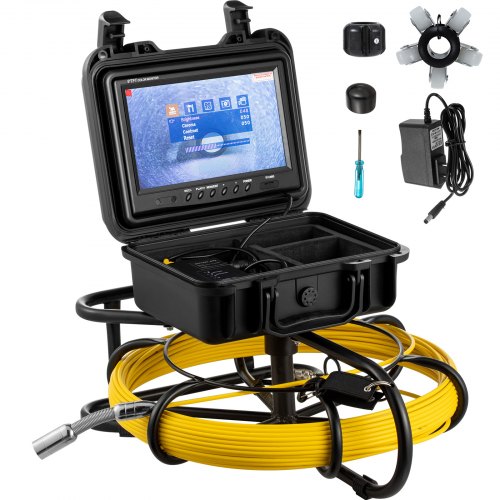 Portable 150ft sewer inspection camera in black case with 9-inch LCD monitor, yellow cable, and accessories.