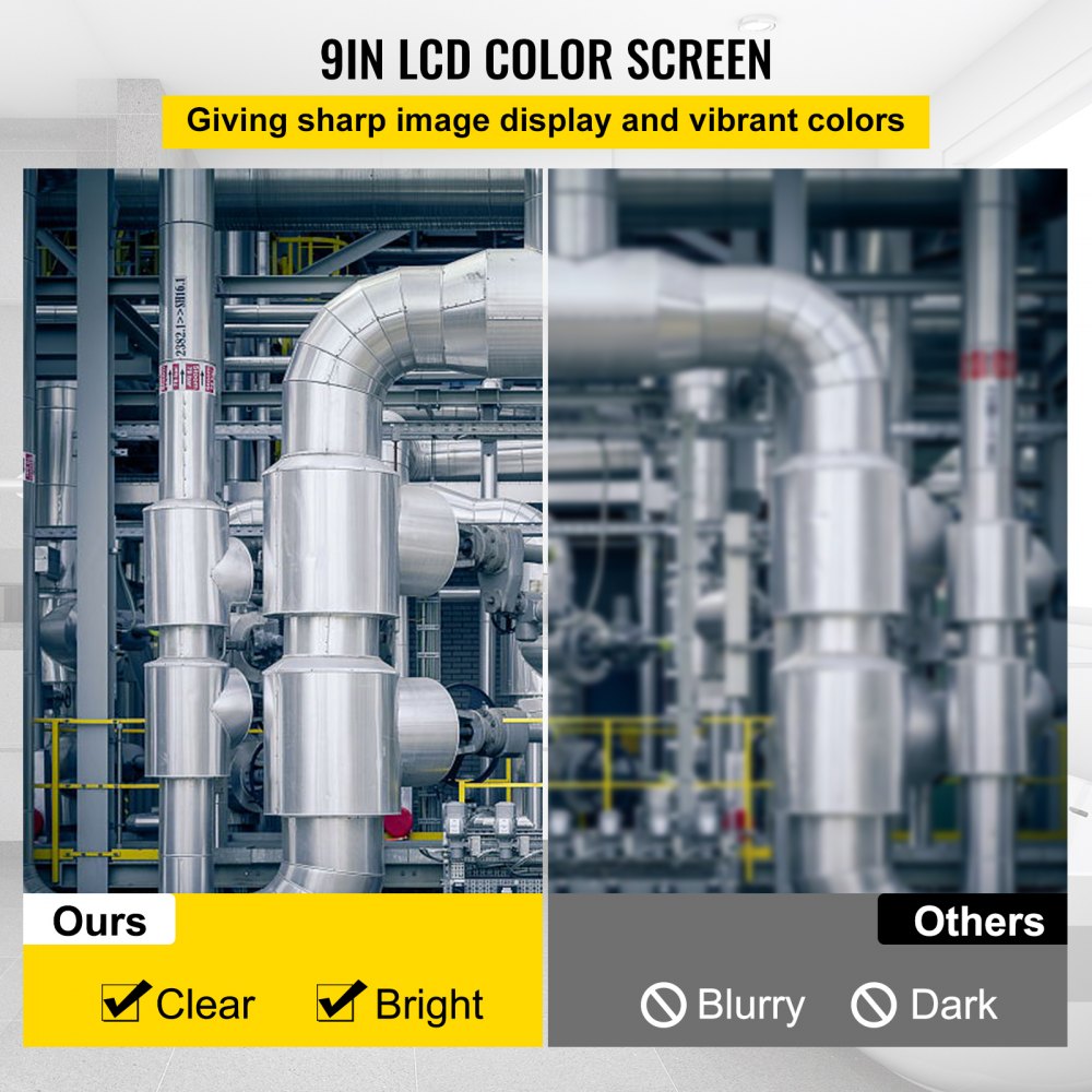 Comparison image showing clear, bright 9-inch LCD screen on the Bostome borescope versus blurry, dark on competitors.