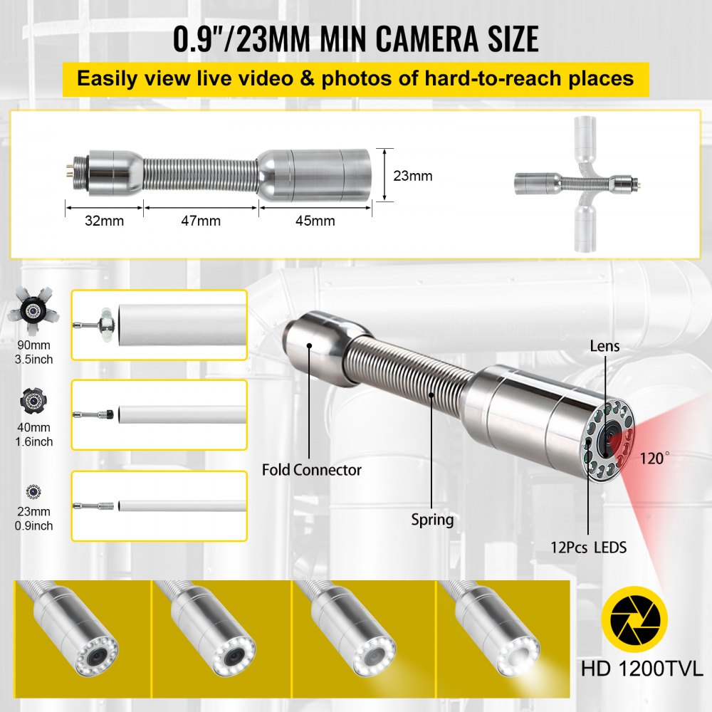 Stainless steel waterproof sewer camera with 12 LEDs, 120° lens, spring, and fold connector.