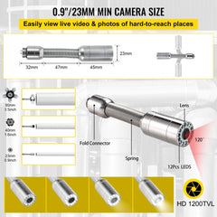Stainless steel waterproof sewer camera with 12 LEDs, 120° lens, spring, and fold connector.