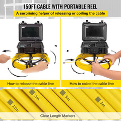 Image of 150ft sewer inspection camera with portable reel, showing cable release, coiling, and length markers.
