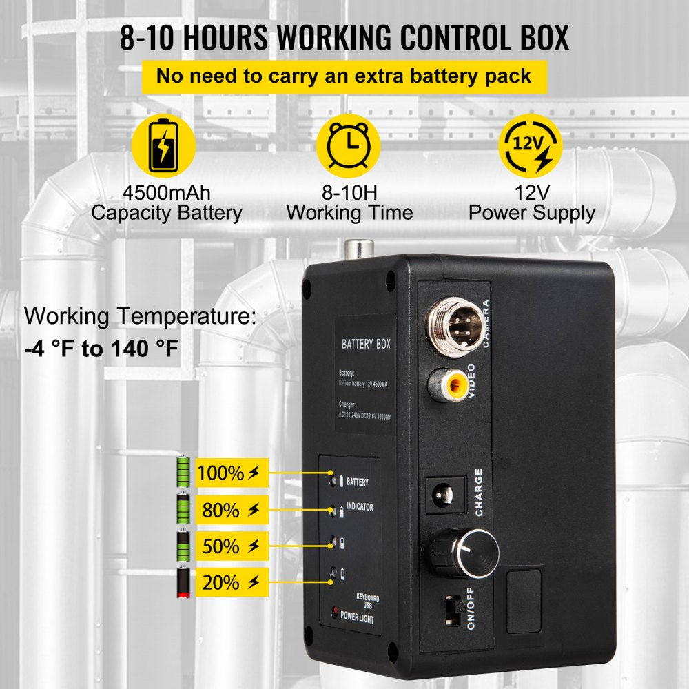 Black control box with 4500mAh battery, 8-10 hour runtime, 12V supply, and battery level indicators.