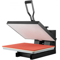 Black digital 16x20 heat press machine with open press and red base.