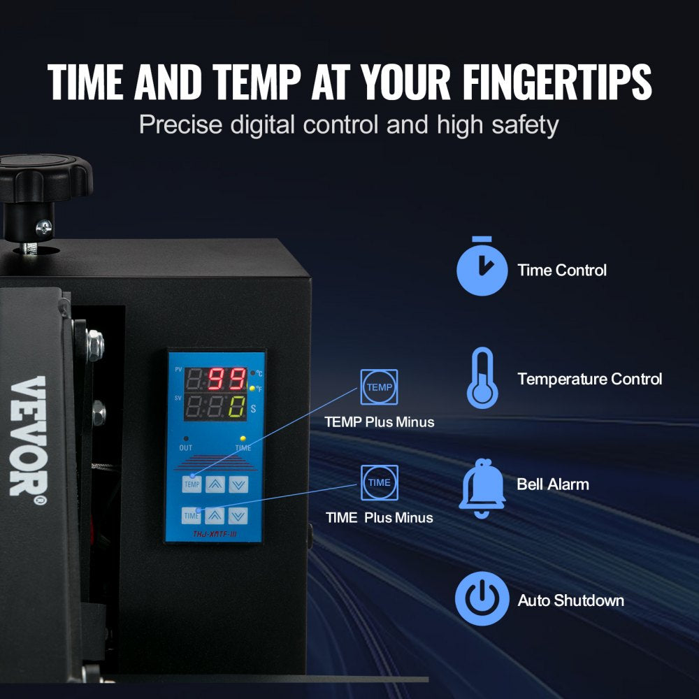 Bostome 16x20 black heat press machine with digital time and temperature controls.