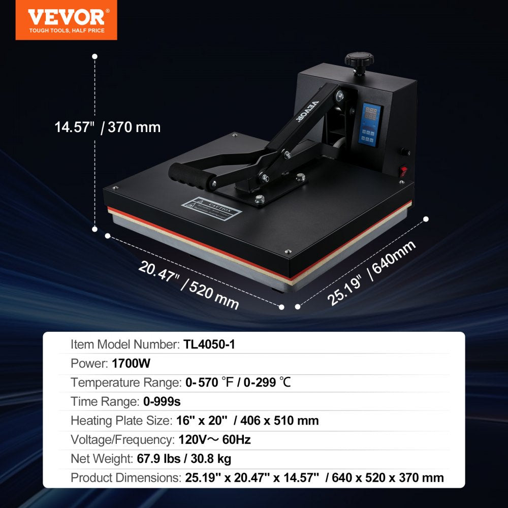 Black digital 16x20 heat press machine with swing arm and control panel.