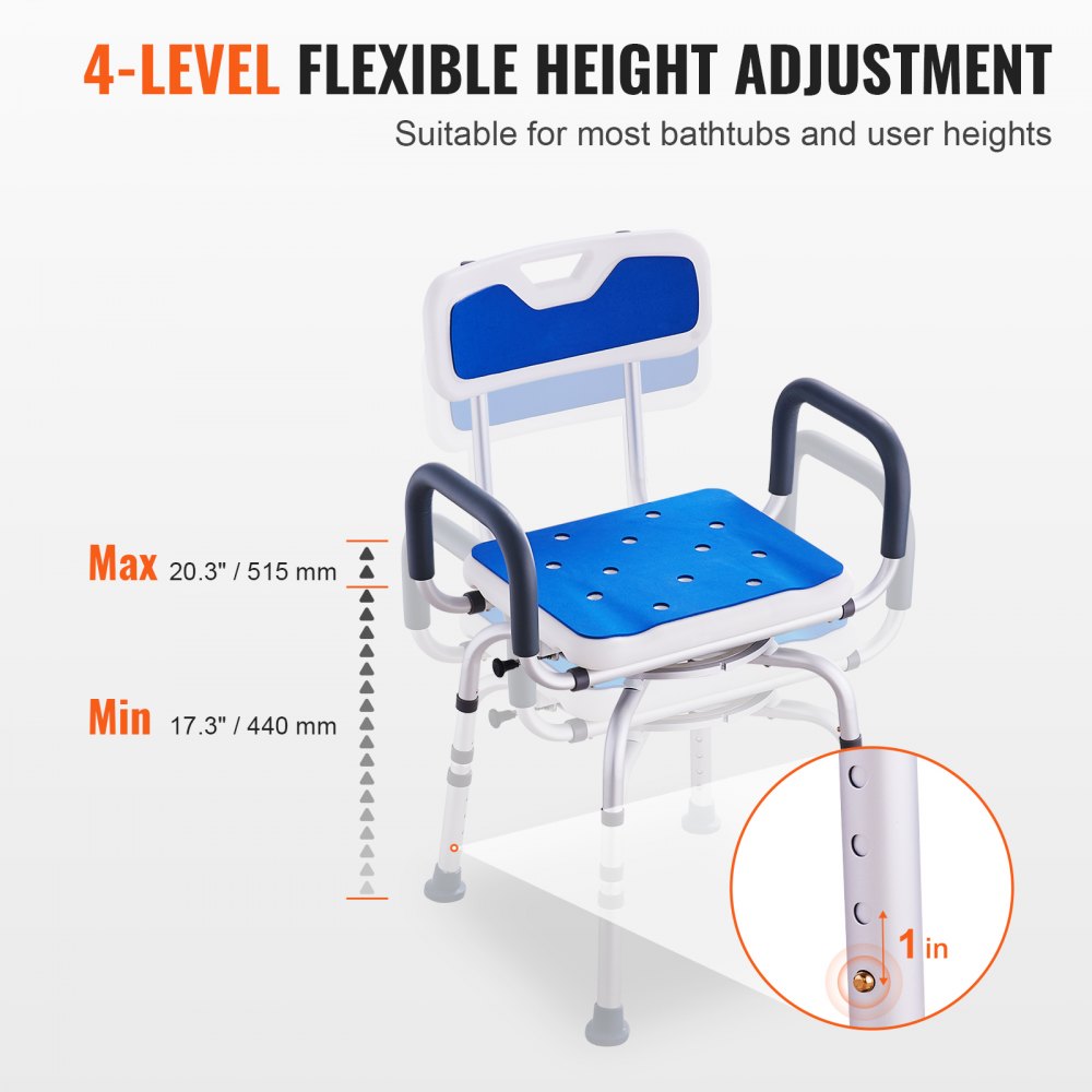 Shower Chair 360° Swivel Tub Shower Seat with Armrests & Backrest 400lbs