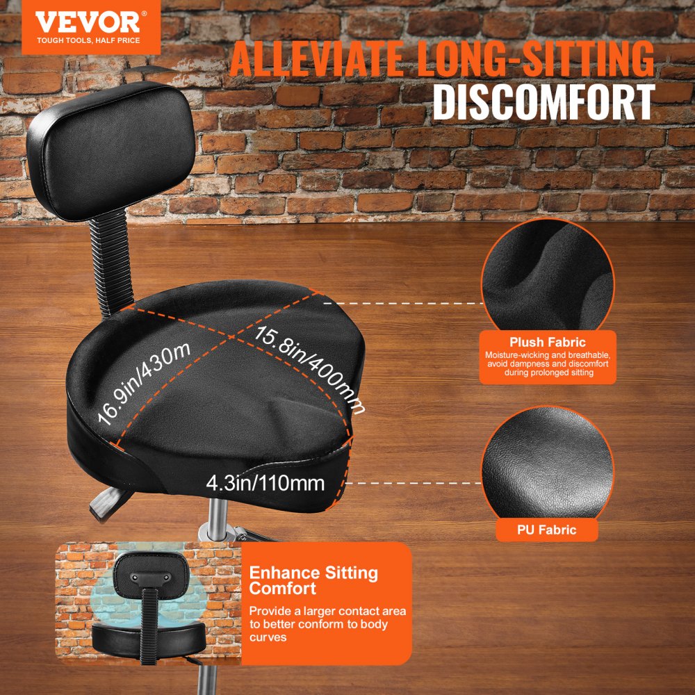 Drum Throne with Backrest, 19.3-25.2 in/490-640 mm Height Adjustable, Hydraulic Saddle Padded Drum Stool Seat with Anti-Slip Feet Drumsticks 500 lbs/227 kg Max Capacity, 360°Swivel for Drummers