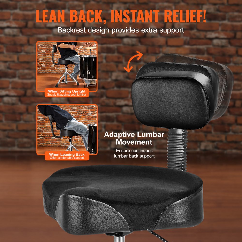 Drum Throne with Backrest, 19.3-25.2 in/490-640 mm Height Adjustable, Hydraulic Saddle Padded Drum Stool Seat with Anti-Slip Feet Drumsticks 500 lbs/227 kg Max Capacity, 360°Swivel for Drummers