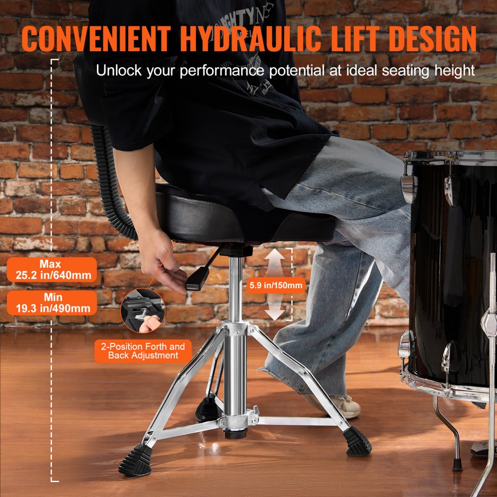Drum Throne with Backrest, 19.3-25.2 in/490-640 mm Height Adjustable, Hydraulic Saddle Padded Drum Stool Seat with Anti-Slip Feet Drumsticks 500 lbs/227 kg Max Capacity, 360°Swivel for Drummers