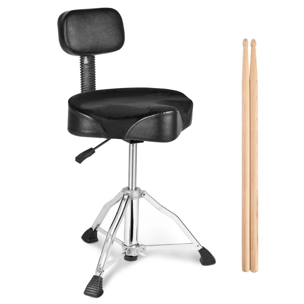 Drum Throne with Backrest, 19.3-25.2 in/490-640 mm Height Adjustable, Hydraulic Saddle Padded Drum Stool Seat with Anti-Slip Feet Drumsticks 500 lbs/227 kg Max Capacity, 360°Swivel for Drummers